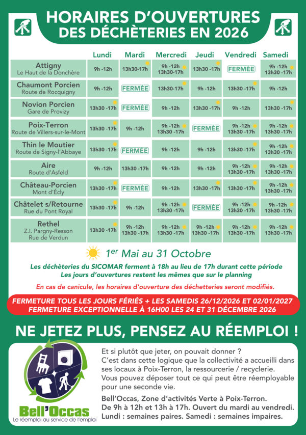 Horaire des déchetteries 2026 des Crêtes Préardennaises